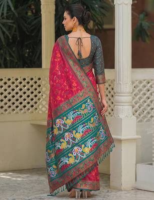 rani pink & teal blue pochampally soft saree for women | festive traditional wear 2