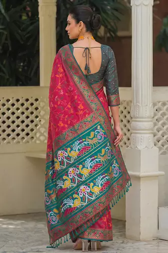 rani pink & teal blue pochampally soft saree for women | festive traditional wear