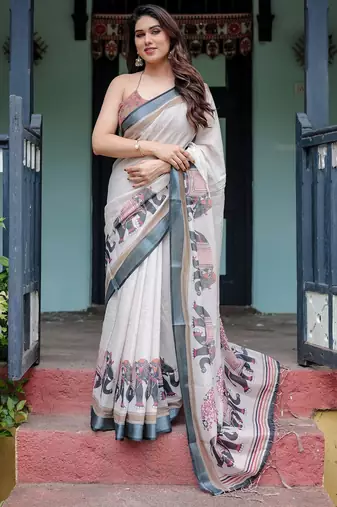 Blue women ethnic motifs printed  linen saree