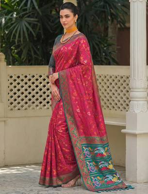 rani pink & teal blue pochampally soft saree for women | festive traditional wear 3