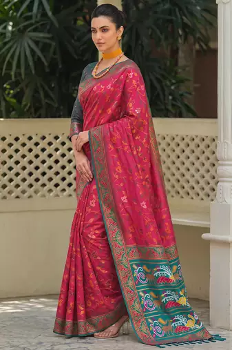 rani pink & teal blue pochampally soft saree for women | festive traditional wear