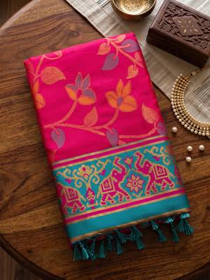 rani pink & teal blue pochampally soft saree for women | festive traditional wear 4