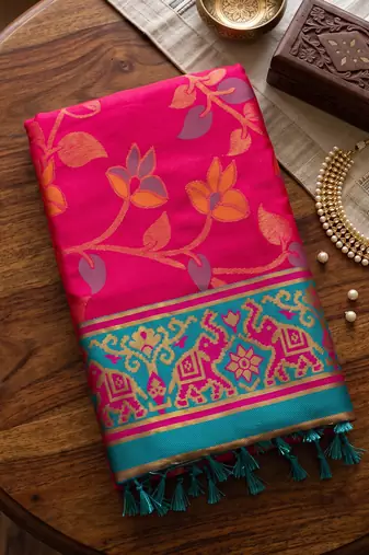 rani pink & teal blue pochampally soft saree for women | festive traditional wear