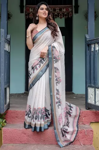 Blue women ethnic motifs printed  linen saree