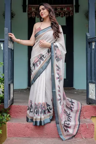 Blue women ethnic motifs printed  linen saree