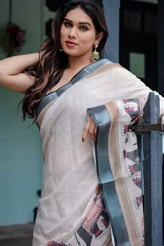 Blue women ethnic motifs printed  linen saree