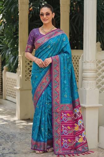 teal blue & purple pochampally soft saree for women | festive traditional party wear