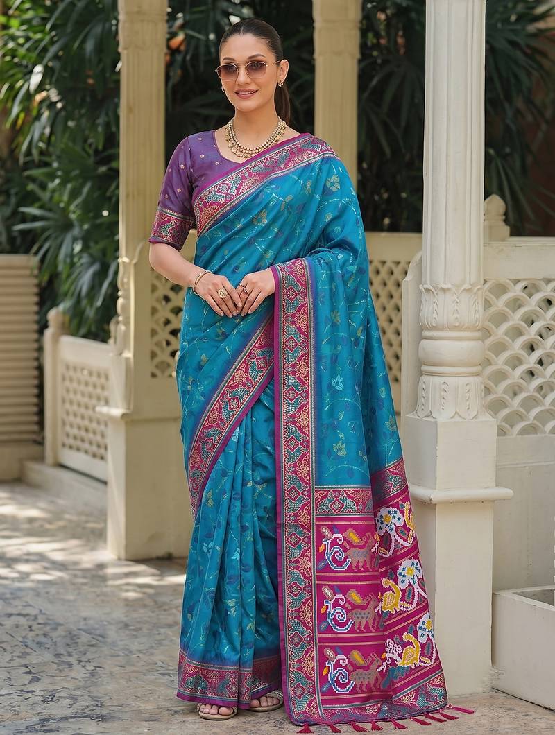 teal blue & purple pochampally soft saree for women | festive traditional party wear