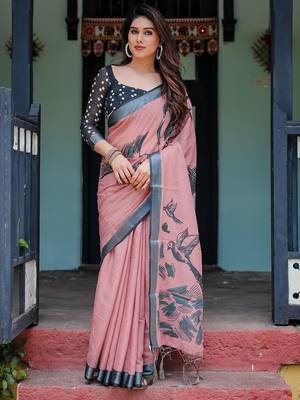 Pink ethnic motifs printed  linen saree 1