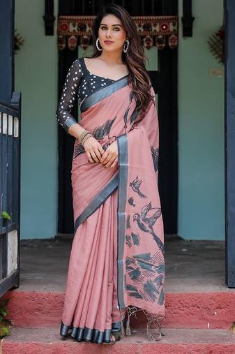 Pink ethnic motifs printed  linen saree