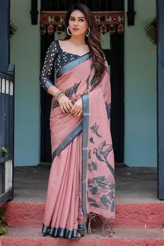 Pink ethnic motifs printed  linen saree