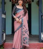 Pink ethnic motifs printed  linen saree