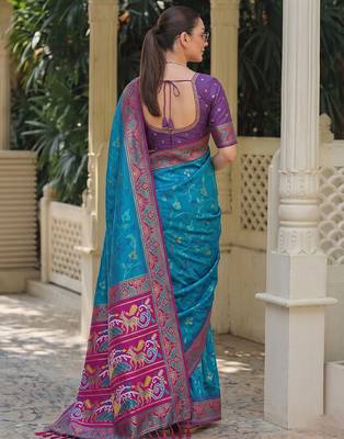 teal blue & purple pochampally soft saree for women | festive traditional party wear 2