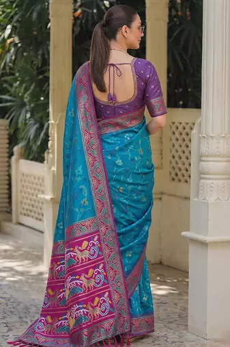 teal blue & purple pochampally soft saree for women | festive traditional party wear