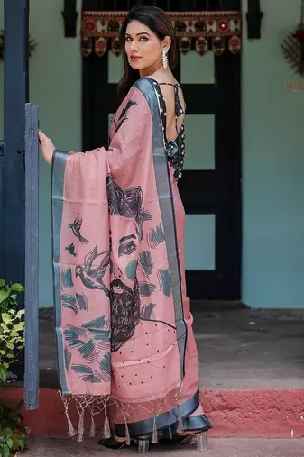 Pink ethnic motifs printed  linen saree