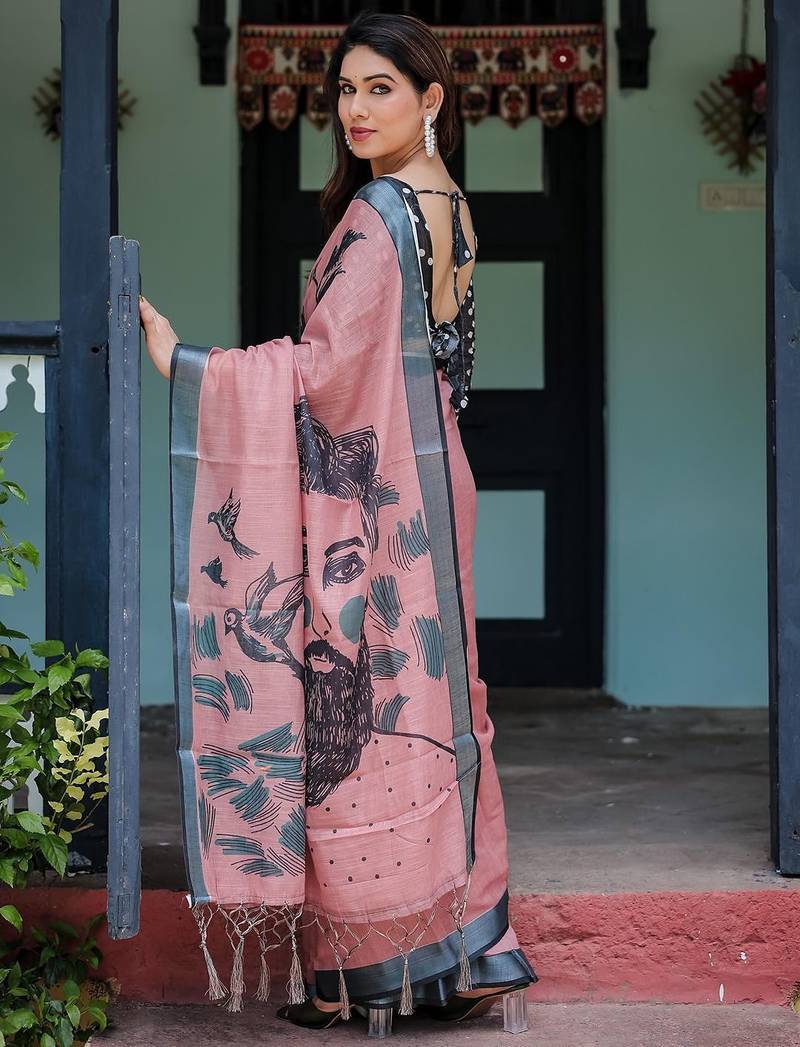 Pink ethnic motifs printed  linen saree