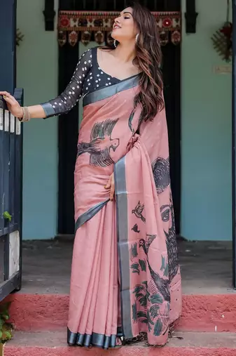 Pink ethnic motifs printed  linen saree