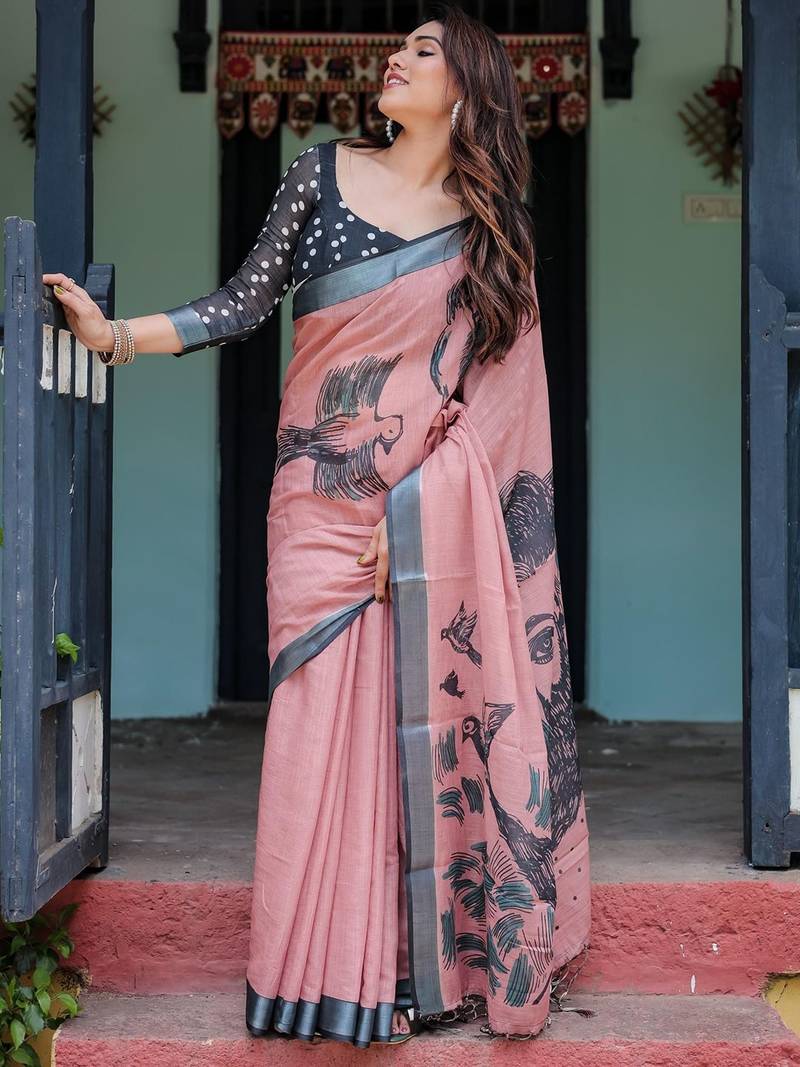 Pink ethnic motifs printed  linen saree