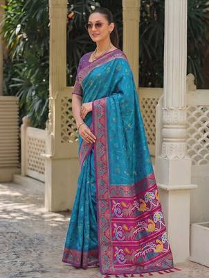 teal blue & purple pochampally soft saree for women | festive traditional party wear 3