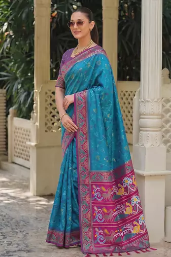 teal blue & purple pochampally soft saree for women | festive traditional party wear