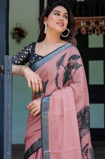 Pink ethnic motifs printed  linen saree