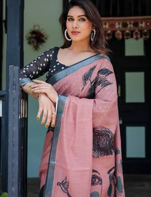 Pink ethnic motifs printed  linen saree 5