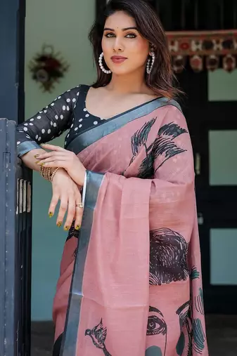 Pink ethnic motifs printed  linen saree