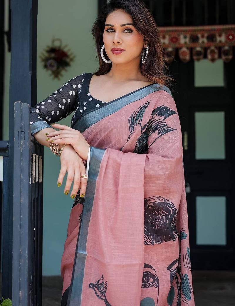 Pink ethnic motifs printed  linen saree