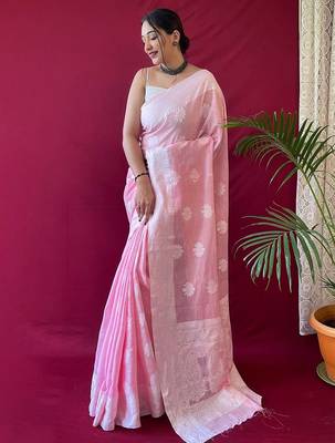 Pink woven design  linen kanjeevaram saree 1