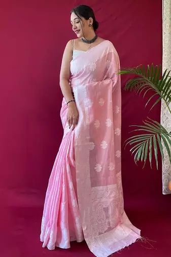 Pink woven design  linen kanjeevaram saree