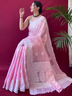 Pink woven design  linen kanjeevaram saree 2
