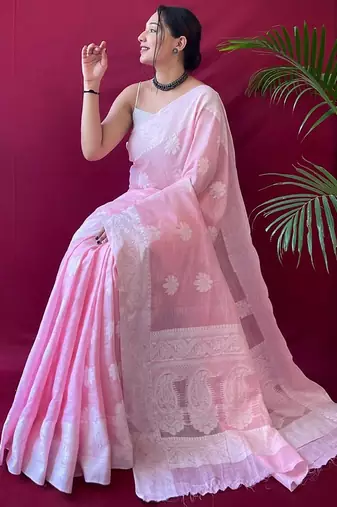 Pink woven design  linen kanjeevaram saree