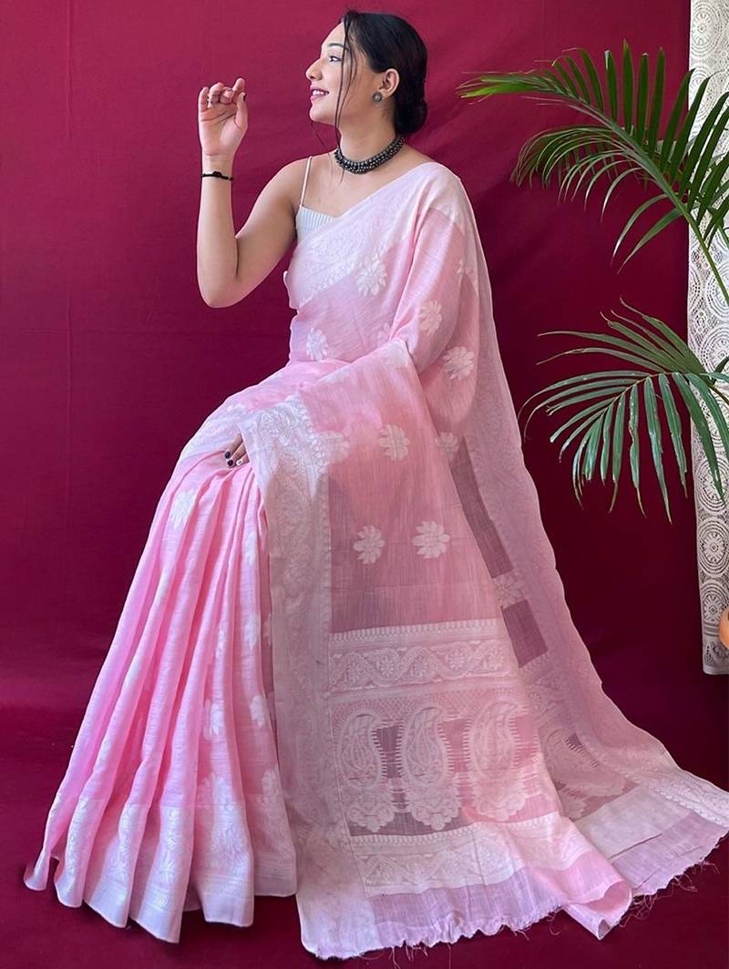 Pink woven design  linen kanjeevaram saree