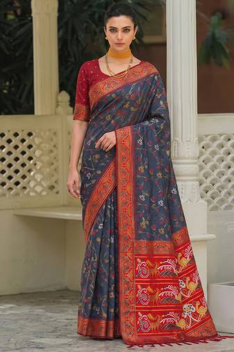 dark grey & maroon pochampally soft saree for women | festive traditional party wear