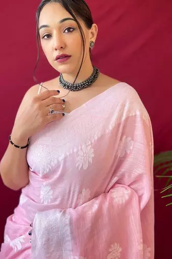 Pink woven design  linen kanjeevaram saree