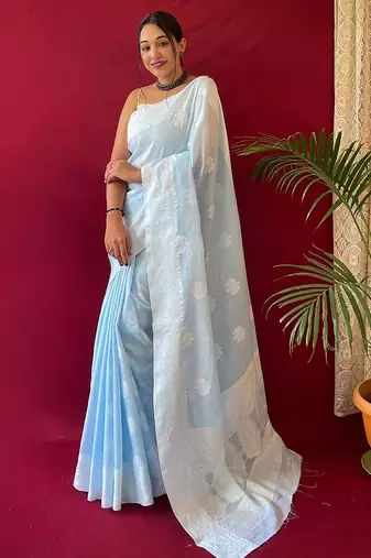 Blue floral woven  linen kanjeevaram saree