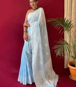 Blue floral woven  linen kanjeevaram saree
