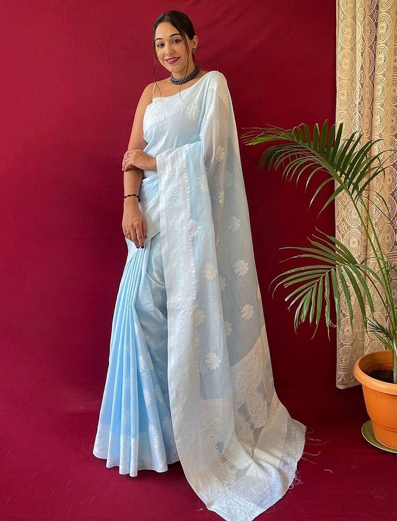 Blue floral woven  linen kanjeevaram saree
