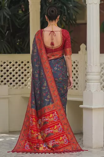 dark grey & maroon pochampally soft saree for women | festive traditional party wear
