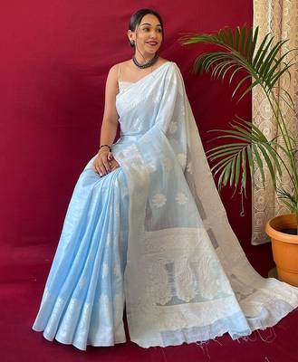 Blue floral woven  linen kanjeevaram saree 2