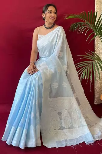 Blue floral woven  linen kanjeevaram saree