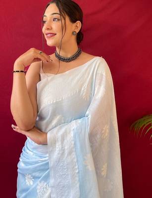 Blue floral woven  linen kanjeevaram saree 3