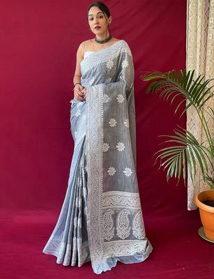 Grey woven design  linen kanjeevaram saree 1