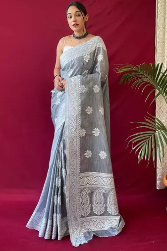 Grey woven design  linen kanjeevaram saree
