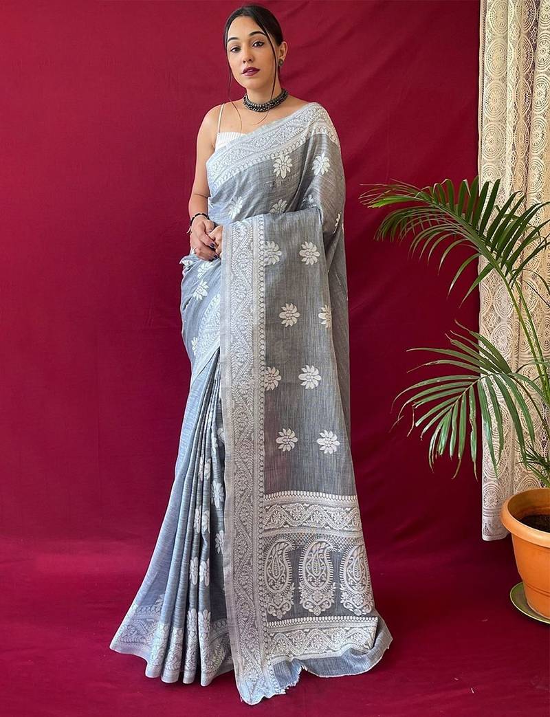 Grey woven design  linen kanjeevaram saree