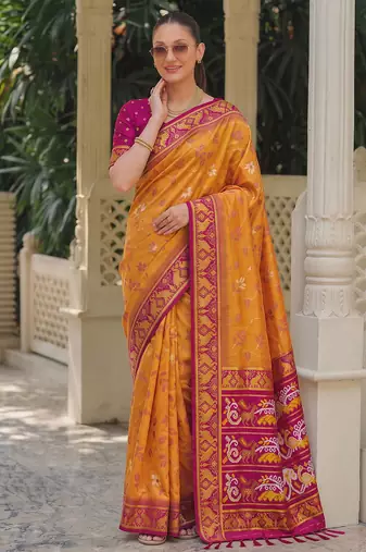 mustard & rani pink pochampally soft saree for women | festive wedding traditional wear