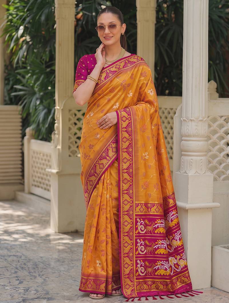 mustard & rani pink pochampally soft saree for women | festive wedding traditional wear