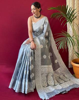 Grey woven design  linen kanjeevaram saree 2