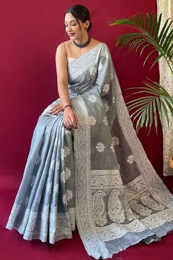 Grey woven design  linen kanjeevaram saree