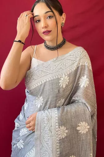 Grey woven design  linen kanjeevaram saree